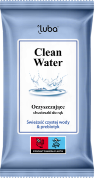 Luba Clean Water chusteczki do rąk, niebieskie opakowanie z grafiką wody, z prebiotykiem, widok z przodu.