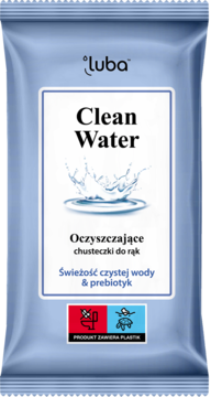 Luba Clean Water chusteczki do rąk, niebieskie opakowanie z grafiką wody, z prebiotykiem, widok z przodu.