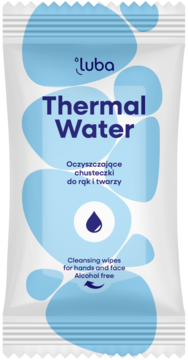 Biała saszetka Luba Thermal Water, chusteczki oczyszczające do rąk i twarzy, z niebieskim wzorem wody.