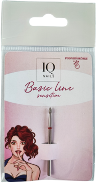 Frez IQ Nails Basic Line Sensitive Płomyk do skórek, w blistrze z różową grafiką. Widok z przodu.
