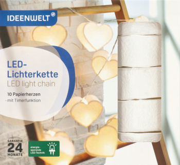 IDEENWELT LED łańcuch świetlny: 10 białych papierowych serc, ciepłe światło. Widok produktu i opakowania.