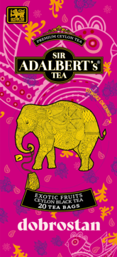 Adalbert's Exotic Fruits Ceylon Black Tea, pink box with gold elephant, 'dobrostan', 20 tea bags. Front.