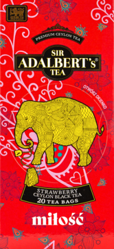 Czerwone opakowanie herbaty Sir Adalbert's Strawberry Ceylon Black Tea z dużym złotym słoniem, widok z przodu.