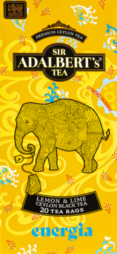 Sir Adalbert's Lemon & Lime Ceylon Black Tea, yellow box, ornate elephant & black label, front view.