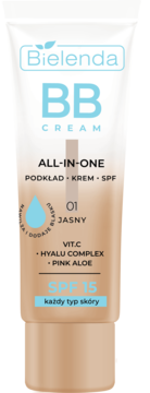 Beżowa tubka Bielenda BB Cream SPF 15, odcień jasny 01, z witaminą C, dla każdego typu skóry.
