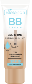 Beżowa tubka Bielenda BB Cream SPF 15, odcień jasny 01, z witaminą C, dla każdego typu skóry.