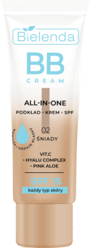 Bielenda BB Cream All-in-One 02 Śniady SPF 15, tubka, krem 3w1 do każdego typu skóry, widok przód.