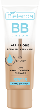 Bielenda BB Cream All-in-One 02 Śniady SPF 15, tubka, krem 3w1 do każdego typu skóry, widok przód.