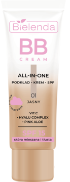 Tubka Bielenda BB Cream ALL-IN-ONE SPF 15, odcień 01 Jasny, dla skóry mieszanej/tłustej, z przodu.