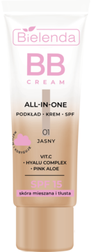 Tubka Bielenda BB Cream ALL-IN-ONE SPF 15, odcień 01 Jasny, dla skóry mieszanej/tłustej, z przodu.