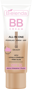 Bielenda BB Cream All-in-one SPF 15, odcień 02 Śniady, do skóry mieszanej i tłustej, biała tubka z przodu.