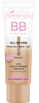 Bielenda BB Cream All-in-one SPF 15, odcień 02 Śniady, do skóry mieszanej i tłustej, biała tubka z przodu.