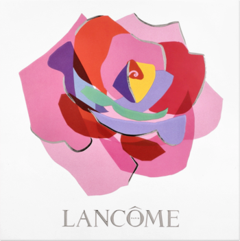 Grafika Lancôme: stylizowana, wielobarwna róża w odcieniach różu, czerwieni, żółci na białym tle, z logo.