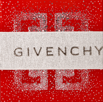 Kartonowe opakowanie perfum Givenchy Irresistible w czerwieni, z srebrnym logo i błyszczącymi, drobnymi kryształkami.