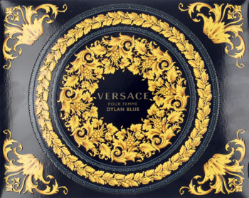 Czarne pudełko Versace Dylan Blue Femme ze złoconymi, barokowymi wzorami i logo pośrodku, widok z przodu.