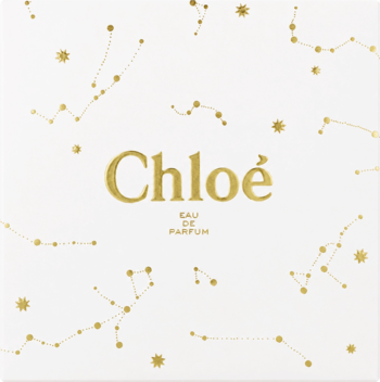 Opakowanie prezentowe Chloe Signature EDP, białe, ze złotymi konstelacjami i logo na środku, widok z przodu.