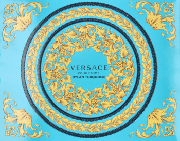 Turkusowe opakowanie perfum Versace Dylan Turquoise z bogatymi złotymi wzorami i logo, widok z góry.