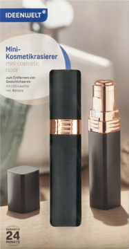 Mini golarka kosmetyczna IDEENWELT, czarno-złota, z oświetleniem LED, na opakowaniu produktu.