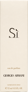 Giorgio Armani Si Eau de Parfum w beżowym pudełku, widok z przodu, z czarnymi napisami i pojemnością 15 ml.