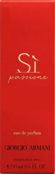 Giorgio Armani Si Passione Eau de Parfum 15ml w czerwonym pudełku ze złotymi napisami, widok z przodu.