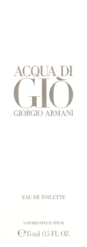 Opakowanie Acqua di Gio Giorgio Armani Eau de Toilette 15ml, białe, z beżowym napisem i logo.