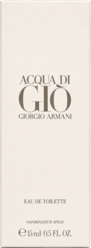 Beżowe pudełko Acqua di Gio Giorgio Armani Eau de Toilette 15ml, widok z przodu z brązowymi napisami.