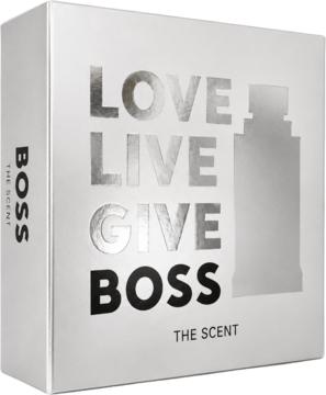 Białe pudełko Hugo Boss The Scent dla mężczyzn, z metalicznym napisem i sylwetką flakonu, widok pod kątem.