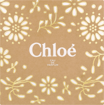 Beżowe pudełko Chloe zestawu perfum i balsamu, z białym kwiatowym wzorem i napisem Eau de Parfum.