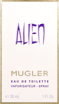 Białe pudełko Mugler Alien Eau de Toilette 30ml z fioletowym napisem ALIEN i złotymi detalami, widok z przodu.
