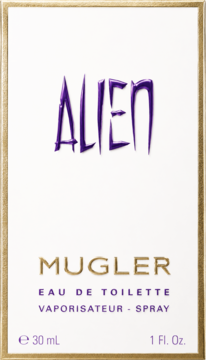 Mugler Alien woda toaletowa, białe pudełko z fioletowym napisem Alien i złotymi krawędziami, widok z przodu.