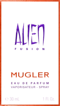 Przednia strona białego pudełka Mugler Alien Fusion Eau de Parfum 30ml z pomarańczową obwódką.