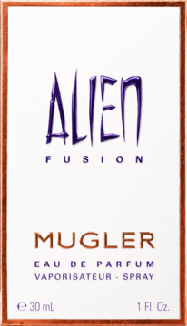 T.Mugler Alien Fusion EDP, białe opakowanie z miedzianą ramką i metalicznym napisem, widok z przodu.