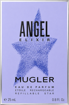 Mugler Angel Elixir Eau de Parfum w lawendowym pudełku z fioletową, teksturowaną gwiazdą i czarnym napisem, widok z przodu.