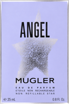 Mugler Angel Eau de Parfum 25ml, jasnofioletowe pudełko z błyszczącą srebrną gwiazdą i czarnym logo.
