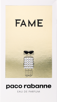 Złote, metaliczne opakowanie perfum Paco Rabanne Fame Eau de Parfum, z czarnym napisem i ilustracją robota w okularach. Widok z przodu.