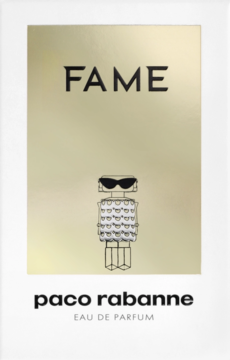 Paco Rabanne Fame Eau de Parfum, metaliczne złote opakowanie z napisem FAME i figurką robota w okularach, front.