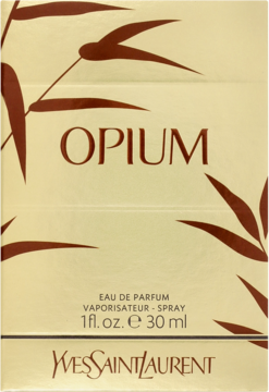 Yves Saint Laurent Opium EDP 30ml, beżowe pudełko z brązowymi bambusami, widok z przodu.