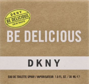 DKNY Be Delicious woda toaletowa, frontowe ujęcie kartonowego opakowania w kolorze kraft z żółtą etykietą.