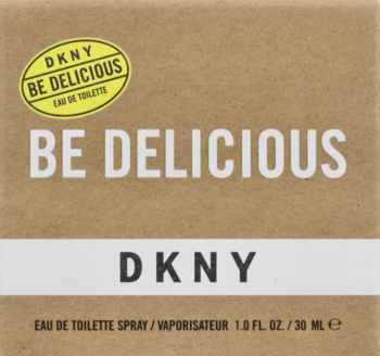 Pudełko DKNY Be Delicious woda toaletowa 30 ml, brązowe z białym pasem i żółtą etykietą Be Delicious. Widok z przodu.