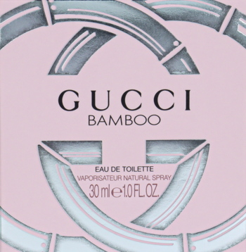 Różowe pudełko Gucci Bamboo Eau De Toilette 30ml z dużym logo GG z bambusa, widok z przodu.