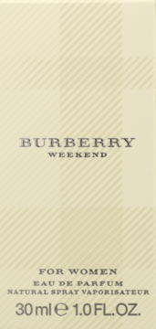 Burberry Weekend Eau de Parfum For Women, 30ml, jasne beżowe pudełko z subtelnym wzorem w kratę, widok z przodu.