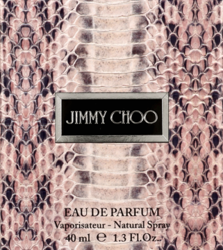 Jimmy Choo Eau de Parfum 40ml w pudełku o fakturze skóry węża, z metalicznym logo na czarnej etykiecie.