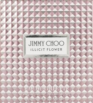 Front view of Jimmy Choo Illicit Flower Eau de Toilette packaging, light pink with a textured pyramid pattern and silver label.