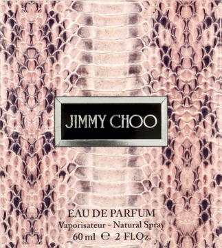 Jimmy Choo Eau de Parfum 60 ml, przód pudełka z różowo-czarnym wzorem skóry węża i srebrną etykietą.