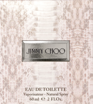 Pudełko Jimmy Choo Eau de Toilette 60ml z beżowym wzorem skóry węża i srebrną etykietą z logo.