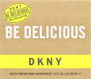 Front beżowego kartonowego opakowania perfum DKNY Be Delicious z żółtą etykietą i białym napisem.