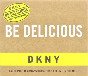 Woda perfumowana DKNY Be Delicious, etykieta z brązowym tłem, białe napisy i żółte logo 100% Pure New York.
