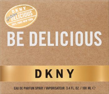 Front brązowego opakowania perfum DKNY Golden Delicious. Kartonowe pudełko z białym napisem 'BE DELICIOUS', złotym logo DKNY.