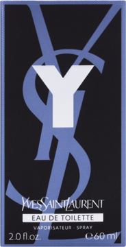 Yves Saint Laurent Y Eau de Toilette, czarne pudełko 60ml z niebieskim logo YSL i srebrzystym Y. Widok z przodu.