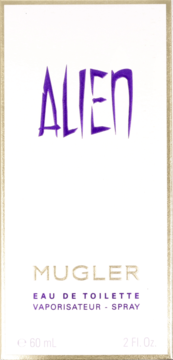 Białe, pionowe pudełko perfum Alien Mugler Eau de Toilette 60 ml z fioletowym napisem, widok z przodu.